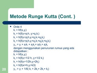 20
 Orde 4
k1 = hf(xr,yr)
k2 = h(f(xr+p1h, yr+q11k1)
k3 = h(f(xr+p2h,yr+q21k1+q22k2)
k4 = h(f(xr+p3h,yr+q31k1+q32k2+q33k3)
yr+1 = yr + a1k1 + a2k2 + a3k3 + a4k4
dengan menggunakan penurunan rumus yang ada
didapatkan :
k1 = hf(xr,yr)
k2 = h(f(xr+1/2 h, yr+1/2 k1)
k3 = h(f(xr+1/2h,yr+2k2)
k4 = h(f(xr+h,yr+k3)
yr+1 = yr + 1/6( k1 + 2k2 + 2k3 + k4)
Metode Runge Kutta (Cont. )
 