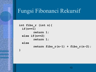 13
Fungsi Fibonanci Rekursif
int fibo_r (int n){
if(n==1)
return 1;
else if(n==2)
return 1;
else
return fibo_r(n-1) + fibo_r(n-2);
}
 