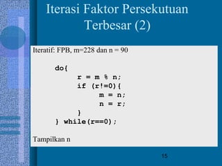 15
Iterasi Faktor Persekutuan
Terbesar (2)
Iteratif: FPB, m=228 dan n = 90
do{
r = m % n;
if (r!=0){
m = n;
n = r;
}
} while(r==0);
Tampilkan n
 
