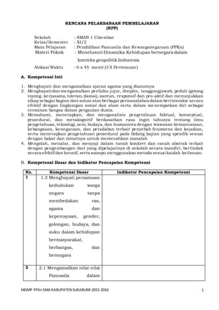 MGMP PPKnSMA KABUPATEN SUKABUMI 2015-2016 1
RENCANA PELAKSANAAN PEMBELAJARAN
(RPP)
Sekolah : SMAN 1 Cikembar
Kelas/Semester : XI/2
Mata Pelajaran : Pendidikan Pancasila dan Kewarganegaraan (PPKn)
Materi Pokok : Menelusuri Dinamika Kehidupan bernegara dalam
konteks geopolitik Indonesia
Alokasi Waktu : 6 x 45 menit (3 X Pertemuan)
A. Kompetensi Inti
1. Menghayati dan mengamalkan ajaran agama yang dianutnya
2. Menghayati dan mengamalkan perilaku jujur, disiplin, tanggungjawab, peduli (gotong
royong, kerjasama, toleran, damai), santun, responsif dan pro-aktif dan menunjukkan
sikap sebagai bagian dari solusi atas berbagai permasalahandalam berinteraksi secara
efektif dengan lingkungan sosial dan alam serta dalam me nempatkan diri sebagai
cerminan bangsa dalam pergaulan dunia.
3. Memahami, menerapkan, dan menganalisis pengetahuan faktual, konseptual,
prosedural, dan metakognitif berdasarkan rasa ingin tahunya tentang ilmu
pengetahuan, teknologi, seni, budaya, dan humaniora dengan wawasan kemanusiaan,
kebangsaan, kenegaraan, dan peradaban terkait penyebab fenomena dan kejadian,
serta menerapkan pengetahuan prosedural pada bidang kajian yang spesifik sesuai
dengan bakat dan minatnya untuk memecahkan masalah
4. Mengolah, menalar, dan menyaji dalam ranah konkret dan ranah abstrak terkait
dengan pengembangan dari yang dipelajarinya di sekolah secara mandiri, bertindak
secara efektif dan kreatif, serta mampu menggunakan metoda sesuai kaidah keilmuan.
B. Kompetensi Dasar dan Indikator Pencapaian Kompetensi
No. Kompetensi Dasar Indikator Pencapaian Kompetensi
1 1.3 Menghayati persamaan
kedudukan warga
negara tanpa
membedakan ras,
agama dan
kepercayaan, gender,
golongan, budaya, dan
suku dalam kehidupan
bermasyarakat,
berbangsa, dan
bernegara
2 2.1 Mengamalkan nilai-nilai
Pancasila dalam
 