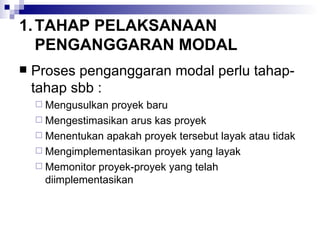 TAHAP PELAKSANAAN PENGANGGARAN MODAL Proses penganggaran modal perlu tahap-tahap sbb : Mengusulkan proyek baru Mengestimasikan arus kas proyek Menentukan apakah proyek tersebut layak atau tidak Mengimplementasikan proyek yang layak Memonitor proyek-proyek yang telah diimplementasikan 