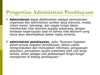 Pengertian Administrasi Pembiayaan


Administrasi dapat didefinisikan sebagai perencanaan
organisasi dan administrasi sumber daya manusia, modal,
mesin-mesin, teknologi, dan segala fungsi dalam
memberikan nilai ekonomi kepada seseorang, dengan
landasan kepercayaan saat ini bahwa nilai ekonomi yang
sama akan dikembalikan dalam waktu tertentu



administrasi pembiayaan, yaitu ”Susunan kegiatan
dalam proses kegiatan pembiayaan, dalam usaha
mengumpulkan dan menyajikan informasi, penguasaan
dokumen, pencatatan secara sistematis oleh unit kerja
terkait, selain sebagai alat pelaksanaan fungsi-fungsi
manajemen di bidang pembiayaan.”

 