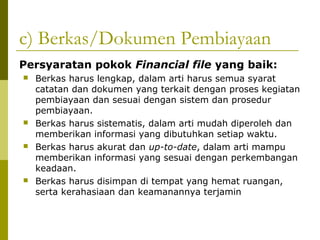 c) Berkas/Dokumen Pembiayaan
Persyaratan pokok Financial file yang baik:








Berkas harus lengkap, dalam arti harus semua syarat
catatan dan dokumen yang terkait dengan proses kegiatan
pembiayaan dan sesuai dengan sistem dan prosedur
pembiayaan.
Berkas harus sistematis, dalam arti mudah diperoleh dan
memberikan informasi yang dibutuhkan setiap waktu.
Berkas harus akurat dan up-to-date, dalam arti mampu
memberikan informasi yang sesuai dengan perkembangan
keadaan.
Berkas harus disimpan di tempat yang hemat ruangan,
serta kerahasiaan dan keamanannya terjamin

 
