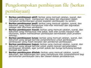 Pengelompokan pembiayaan file (berkas
pembiayaan)












Berkas pembiayaan aktif: berkas yang memuat catatan, syarat, dan
dokumen yang masih mempunyai nilai pakai dan digunakan dalam
mengikuti perkembangan proses kegiatan pembiayaan itu sendiri.
Berkas pembiayaan pasif: berkas yang memuat catatan, syarat, dan
dokumen yang masih mempunyai nilai-nilai informatif dan digunakan
sebagai alat informasi pembantu.
Berkas pembiayaan macet: berkas yang memuat catatan, syarat, dan
dokumen yang mempunyai nilai pakai, baik nilai yuridis maupun nilai
ekonomis, dalam memecahkan pembiayaan bermasalah (loan problem
solving).
Berkas pembiayaan lunas: berkas yang memuat catatan, syarat, dan
dokumen yang sangat bernilai comprehensive untuk pembiayaanpembiayaan yang masih berjalan dan pemberian pembiayaan.
Berkas pembiayaan hapus: berkas yang memuat catatan, syarat, dan
dokumen yang sangat bernilai untuk usaha mencari penyelamatan
pembiayaan tersebut, agar jumlah pokok dan bunga terhutang kembali
menjadi aset bank.
Berkas pembiayaan ditolak: berkas yang memuat catatan, syarat,
dokumen, dan keterangan lain yang mempunyai nilai comprehensive bagi
permohonan pembiayaan baru dan alasan-alasan penolakannya.

 