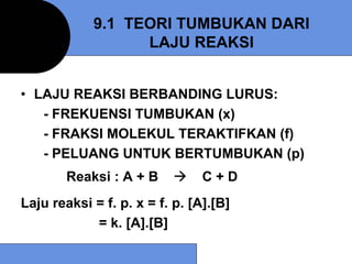 9.1 TEORI TUMBUKAN DARI
                  LAJU REAKSI


• LAJU REAKSI BERBANDING LURUS:
   - FREKUENSI TUMBUKAN (x)
   - FRAKSI MOLEKUL TERAKTIFKAN (f)
   - PELUANG UNTUK BERTUMBUKAN (p)
        Reaksi : A + B          C+D
Laju reaksi = f. p. x = f. p. [A].[B]
            = k. [A].[B]
 