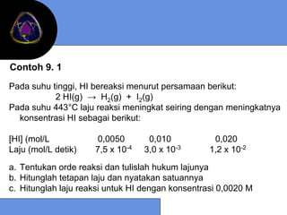 Contoh 9. 1
Pada suhu tinggi, HI bereaksi menurut persamaan berikut:
           2 HI(g) → H2(g) + I2(g)
Pada suhu 443°C laju reaksi meningkat seiring dengan meningkatnya
  konsentrasi HI sebagai berikut:

[HI] (mol/L           0,0050       0,010           0,020
Laju (mol/L detik)   7,5 x 10-4   3,0 x 10-3      1,2 x 10-2

a. Tentukan orde reaksi dan tulislah hukum lajunya
b. Hitunglah tetapan laju dan nyatakan satuannya
c. Hitunglah laju reaksi untuk HI dengan konsentrasi 0,0020 M
 