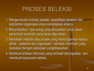PROSES SELEKSI 1.  Mengevaluasi tuntutan jabatan (spesifikasi jabatan )  dan kebutuhan organisasi untuk menetapkan kriteria. 2.  Menyimpulkan  tipe orang yang dibutuhkan untuk dasar penentuan predictor yang layak digunakan. 3.  Mendisain metode atau proses yang memungkinkan kedua pihak – pelamar dan organisasi – bertukar informasi yang berkaitan dengan pekerjaan yangditawarkan. 4.  Membuat sintesa informasi yang berhasil dikumpulkan  dan membuat keputusan seleksi. 