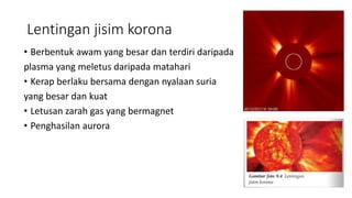 Lentingan jisim korona
• Berbentuk awam yang besar dan terdiri daripada
plasma yang meletus daripada matahari
• Kerap berlaku bersama dengan nyalaan suria
yang besar dan kuat
• Letusan zarah gas yang bermagnet
• Penghasilan aurora
 
