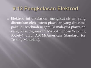 9.11 FungsiSalutanElektrodFungsisalutanpadaelektrodadalah:Menghasilkan gas pelindungMenghasilkanjeremangpenutupkumaiMenstabilkanarkaMengandungicampuranuntukciri-cirikhaspenggunaannya.Berikutadalahjadualbagijenissalutandanarus yang disyorkan.
