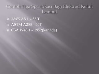 9.12 PengkelasanElektrodElektrodinidikelaskanmengikutsistem yang ditentukanolehsistempiawaian yang diterimapakai di sesebuahnegara.Dimalaysiapiawaian yang biasadigunakan AWS(American Welding Society) atau ASTM(American Standard for Testing Materials).