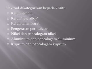 Elektrodjugabolehdikelaskanmengikut:Cepatpenuh      (E6024,E6027)Kelajuantinggi   (E6012,E6013)Cepatbeku         (E6010,E6011)Terdapatjugaelektrod yang menggunakankodwarnaolehpengeluarnya.Dimanakodwarna yang digunakanmenerangkantentangkekuatantensil,kedudukanmengimpaldanjugapilihanarus.