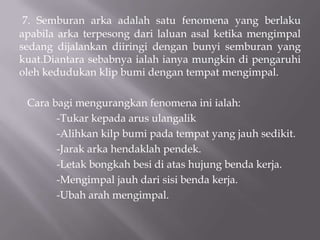 5. Dalambeberapakeadaanmengimpaldengan proses SMAW             tidakdigalakkan.Diantaranyaialah:-Mengimpaldalamhujan-Mengimpalketikaributpasirataudalamkeadaanbersalji-Mengimpalbendakerja yang suhunyadibawah 0F6.’Voltan litarterbuka’ adalahvoltanpadamesinketikakerjamengimpaltidakdijalankanmanakala ‘voltanlitartertutup’ adalahvoltanpadalitarkimpalansewakerjamengimpalsedangdijalankan.Voltanlitarterbukasangatbahayabagipengimpal.