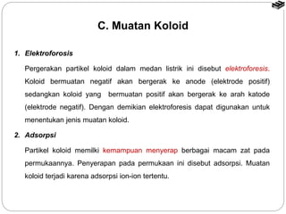 C. Muatan Koloid 
1. Elektroforosis 
Pergerakan partikel koloid dalam medan listrik ini disebut elektroforesis. 
Koloid bermuatan negatif akan bergerak ke anode (elektrode positif) 
sedangkan koloid yang bermuatan positif akan bergerak ke arah katode 
(elektrode negatif). Dengan demikian elektroforesis dapat digunakan untuk 
menentukan jenis muatan koloid. 
2. Adsorpsi 
Partikel koloid memilki kemampuan menyerap berbagai macam zat pada 
permukaannya. Penyerapan pada permukaan ini disebut adsorpsi. Muatan 
koloid terjadi karena adsorpsi ion-ion tertentu. 
 