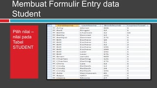Membuat Formulir Entry data
Student

Pilih nilai –
nilai pada
Tabel
STUDENT
 