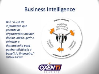 Business Intelligence
BI é “o uso da
informação que
permite às
organizações melhor
decidir, medir, gerir e
otimizar o
desempenho para
ganhar eficiência e
benefício financeiro.”
Instituto Gartner
 