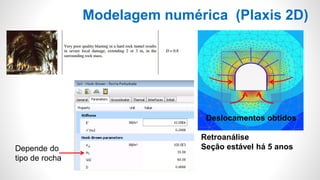 Modelagem numérica (Plaxis 2D)
Deslocamentos obtidos
Retroanálise
Seção estável há 5 anosDepende do
tipo de rocha
 