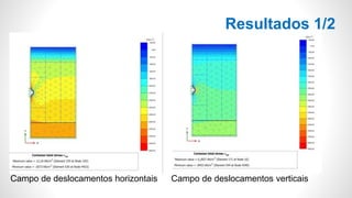 Campo de deslocamentos horizontais
Resultados 1/2
Campo de deslocamentos verticais
 