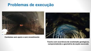 Problemas de execução
Cambotas sem apoio e sem revestimento
Trecho com ocorrência de overbreaks geológicos,
comprometendo a geometria da seção escavada
 