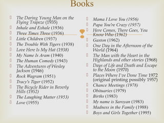 
Books
 The Daring Young Man on the
Flying Trapeze (1935)
 Inhale and Exhale (1936)
 Three Times Three (1936)
 Little Children (1937)
 The Trouble With Tigers (1938)
 Love Here Is My Hat (1938)
 My Name Is Aram (1940)
 The Human Comedy (1943)
 The Adventures of Wesley
Jackson (1946)
 Rock Wagram (1951)
 Tracy's Tiger (1952)
 The Bicycle Rider in Beverly
Hills (1952)
 The Laughing Matter (1953)
 Love (1955)
 Mama I Love You (1956)
 Papa You're Crazy (1957)
 Here Comes, There Goes, You
Know Who (1962)
 Gaston (1962)
 One Day in the Afternoon of the
World (1964)
 The Man with the Heart in the
Highlands and other stories (1968)
 Days of Life and Death and Escape
to the Moon (1970)
 Places Where I've Done Time 1972
(original printing possibly 1957)
 Chance Meetings (1978)
 Obituaries (1979)
 Births (1983)
 My name is Saroyan (1983)
 Madness in the Family (1988)
 Boys and Girls Together (1995)
 