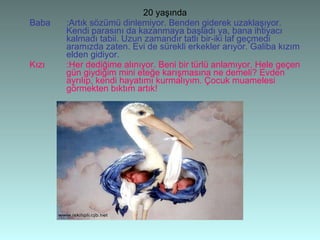 20 yaşında Baba :Artık sözümü dinlemiyor. Benden giderek uzaklaşıyor. Kendi parasını da kazanmaya başladı ya, bana ihtiyacı kalmadı tabii. Uzun zamandır tatlı bir-iki laf geçmedi aramızda zaten. Evi de sürekli erkekler arıyor. Galiba kızım elden gidiyor. Kızı :Her dediğime alınıyor. Beni bir türlü anlamıyor. Hele geçen gün giydiğim mini eteğe karışmasına ne demeli? Evden ayrılıp, kendi hayatımı kurmalıyım. Çocuk muamelesi görmekten bıktım artık! 