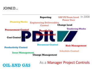 As a Manager Project Controls 
In 2008 
• 
Planning Works 
• 
Cost Control Works 
• 
Issue Management 
• 
Reporting 
• 
Tendering Works 
• 
Change Management 
• 
Portfolio Management 
• 
Risk Management 
• 
Schedule Control 
• 
SAP PS Team Lead 
• 
Power User 
• 
Change Lead 
• 
Document Control 
• 
Productivity Control 
• 
Procurement Control 
• 
Engineering Deliverables Control 
OIL AND GAS  