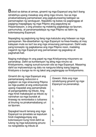 Struktura ng Lipunang Kolonyal sa Ilalim ng Espanya at mga Malayang Kalipunan