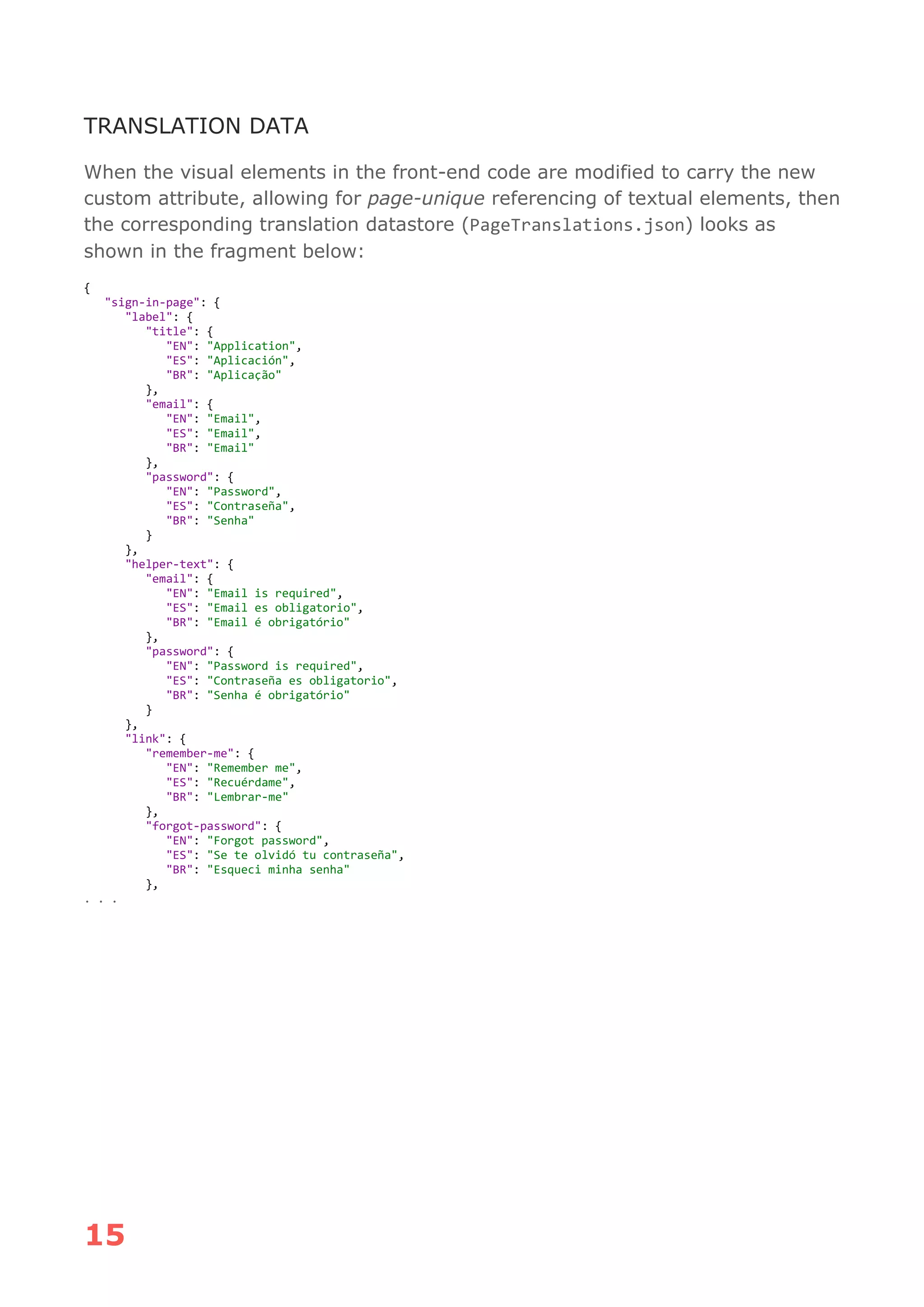 15
TRANSLATION DATA
When the visual elements in the front-end code are modified to carry the new
custom attribute, allowing for page-unique referencing of textual elements, then
the corresponding translation datastore (PageTranslations.json) looks as
shown in the fragment below:
{
"sign-in-page": {
"label": {
"title": {
"EN": "Application",
"ES": "Aplicación",
"BR": "Aplicação"
},
"email": {
"EN": "Email",
"ES": "Email",
"BR": "Email"
},
"password": {
"EN": "Password",
"ES": "Contraseña",
"BR": "Senha"
}
},
"helper-text": {
"email": {
"EN": "Email is required",
"ES": "Email es obligatorio",
"BR": "Email é obrigatório"
},
"password": {
"EN": "Password is required",
"ES": "Contraseña es obligatorio",
"BR": "Senha é obrigatório"
}
},
"link": {
"remember-me": {
"EN": "Remember me",
"ES": "Recuérdame",
"BR": "Lembrar-me"
},
"forgot-password": {
"EN": "Forgot password",
"ES": "Se te olvidó tu contraseña",
"BR": "Esqueci minha senha"
},
. . .
 