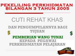 PEKELILING PERKHIDMATAN
BILANGAN 3 TAHUN 2005

CUTI REHAT KHAS
DAN PENGUMPULANNYA BAGI
TUJUAN
PEMBERIAN WANG TUNAI
KEPADA PEGAWAI
PERKHIDMATAN PELAJARAN

 