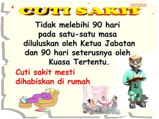 4

Grafik dan Animasi oleh
RAMLY MOHAIADIN

Tidak melebihi 90 hari
pada satu-satu masa
diluluskan oleh Ketua Jabatan
dan 90 hari seterusnya oleh
Kuasa Tertentu.
Cuti sakit mesti
dihabiskan di rumah

 