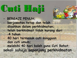 Cuti Haji
- BERGAJI PENUH;

- berjawatan tetap dan telah
disahkan dalam perkhidmatan;
- telah berkhidmat tidak kurang dari
-4 tahun
- 40 hari termasuk cuti mingguan
dan cuti umum;
- melebihi 40 hari boleh guna Cuti Rehat;

sekali sahaja sepanjang perkhidmatan

 