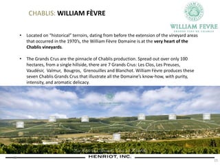 15
• Located on “historical” terroirs, dating from before the extension of the vineyard areas
that occurred in the 1970’s, the William Fèvre Domaine is at the very heart of the
Chablis vineyards.
• The Grands Crus are the pinnacle of Chablis production. Spread out over only 100
hectares, from a single hillside, there are 7 Grands Crus: Les Clos, Les Preuses,
Vaudésir, Valmur, Bougros, Grenouilles and Blanchot. William Fèvre produces these
seven Chablis Grands Crus that illustrate all the Domaine’s know-how, with purity,
intensity, and aromatic delicacy.
CHABLIS: WILLIAM FÈVRE
15
 