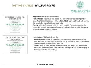 16
TASTING CHABLIS: WILLIAM FÈVRE
Appellation: AC Chablis Premier Cru
Fermentation: pressing of the grapes in a pneumatic press, settling of the
juice. Alcoholic fermentation : 40 to 50% in 4 to 5 years old French oak barrels,
the remainder in small stainless steel vats.
Ageing: aging on fines lees. 40 % in 4 to 5 years old French oak barrels, the
remainder in small stainless steel vats until racking in February. Further aging
in stainless steel vats until bottling.
Appellation: AC Chablis Grand Cru
Fermentation: pressing of the grapes in a pneumatic press, settling of the
juice. Alcoholic fermentation: 50 to 60% in 4 to 5 years old French oak barrels,
the remainder in small stainless steel vats.
Ageing: aging on fines lees. 60 % in 4 to 5 years old French oak barrels, the
remainder in small stainless steel vats until racking in March. Further aging in
stainless steel vats until bottling.
 