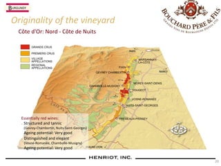 20
Côte d'Or: Nord - Côte de Nuits
Originality of the vineyard
GRANDS CRUS
PREMIERS CRUS
VILLAGE
APPELLATIONS
REGIONAL
APPELLATIONS FIXIN
GEVREY CHAMBERTIN
CHAMBOLLE-MUSIGNY
PREMEAUX-PRISSEY
NUITS-SAINT-GEORGES
VOSNE-ROMANEE
,
VOUGEOT
MOREY-SAINT-DENIS
MARSANNAY-
LA-CÔTE
Essentially red wines:
n Structured and tannic
(Gevrey-Chambertin, Nuits-Saint-Georges)
Ageing potential: Very good
n Distinguished and elegant
(Vosne-Romanée, Chambolle-Musigny)
Ageing potential: Very good
BURGUNDY
 
