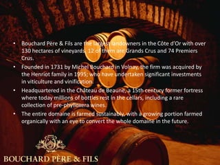 BOUCHARD PÈRE & FILS: THE
DOMAINE
23
• Bouchard Père & Fils are the largest landowners in the Côte d’Or with over
130 hectares of vineyards, 12 of them are Grands Crus and 74 Premiers
Crus.
• Founded in 1731 by Michel Bouchard in Volnay, the firm was acquired by
the Henriot family in 1995; who have undertaken significant investments
in viticulture and vinification.
• Headquartered in the Château de Beaune, a 15th century former fortress
where today millions of bottles rest in the cellars, including a rare
collection of pre-phylloxera wines.
• The entire domaine is farmed sustainably, with a growing portion farmed
organically with an eye to convert the whole domaine in the future.
 