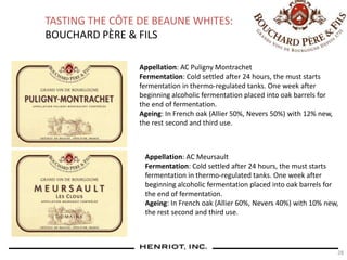 28
TASTING THE CÔTE DE BEAUNE WHITES:
BOUCHARD PÈRE & FILS
Appellation: AC Meursault
Fermentation: Cold settled after 24 hours, the must starts
fermentation in thermo-regulated tanks. One week after
beginning alcoholic fermentation placed into oak barrels for
the end of fermentation.
Ageing: In French oak (Allier 60%, Nevers 40%) with 10% new,
the rest second and third use.
Appellation: AC Puligny Montrachet
Fermentation: Cold settled after 24 hours, the must starts
fermentation in thermo-regulated tanks. One week after
beginning alcoholic fermentation placed into oak barrels for
the end of fermentation.
Ageing: In French oak (Allier 50%, Nevers 50%) with 12% new,
the rest second and third use.
 