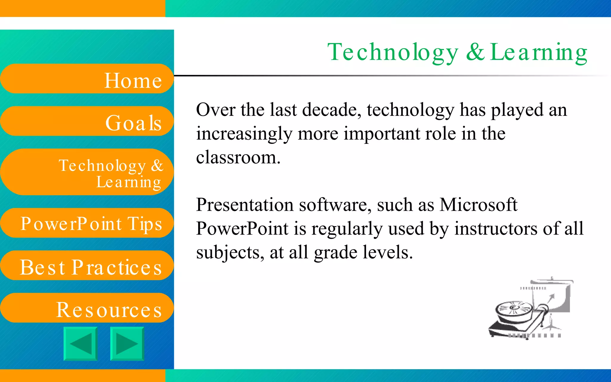 Technology & Learning Over the last decade, technology has played an increasingly more important role in the classroom. Presentation software, such as Microsoft PowerPoint is regularly used by instructors of all subjects, at all grade levels. 