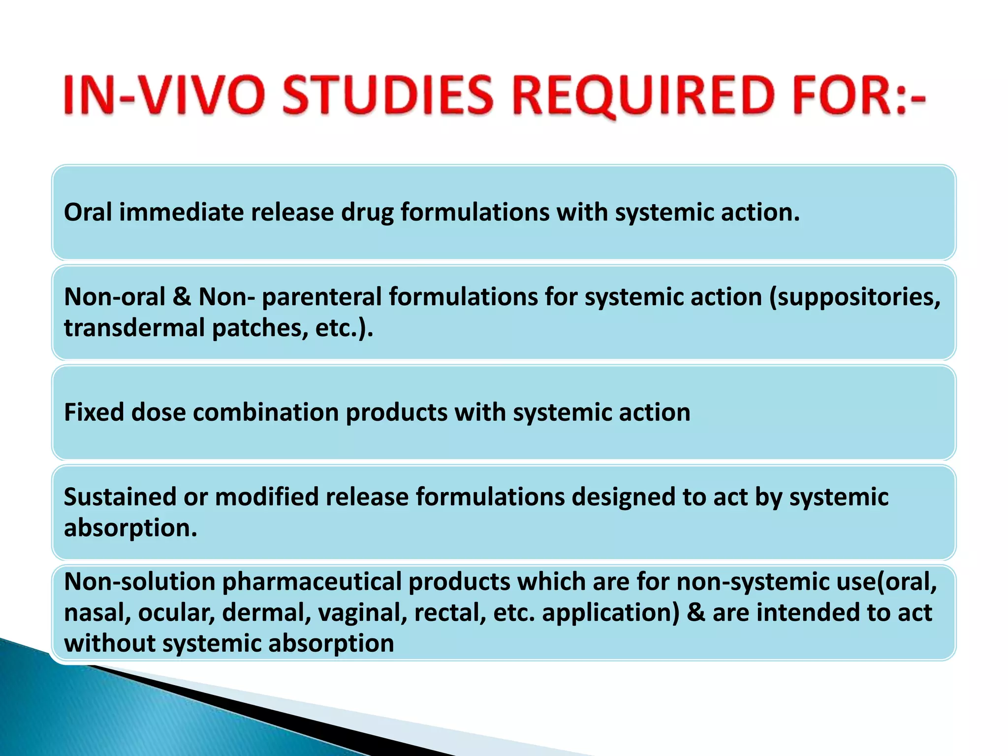 Oral immediate release drug formulations with systemic action.
Non-oral & Non- parenteral formulations for systemic action (suppositories,
transdermal patches, etc.).
Fixed dose combination products with systemic action
Sustained or modified release formulations designed to act by systemic
absorption.
Non-solution pharmaceutical products which are for non-systemic use(oral,
nasal, ocular, dermal, vaginal, rectal, etc. application) & are intended to act
without systemic absorption
 