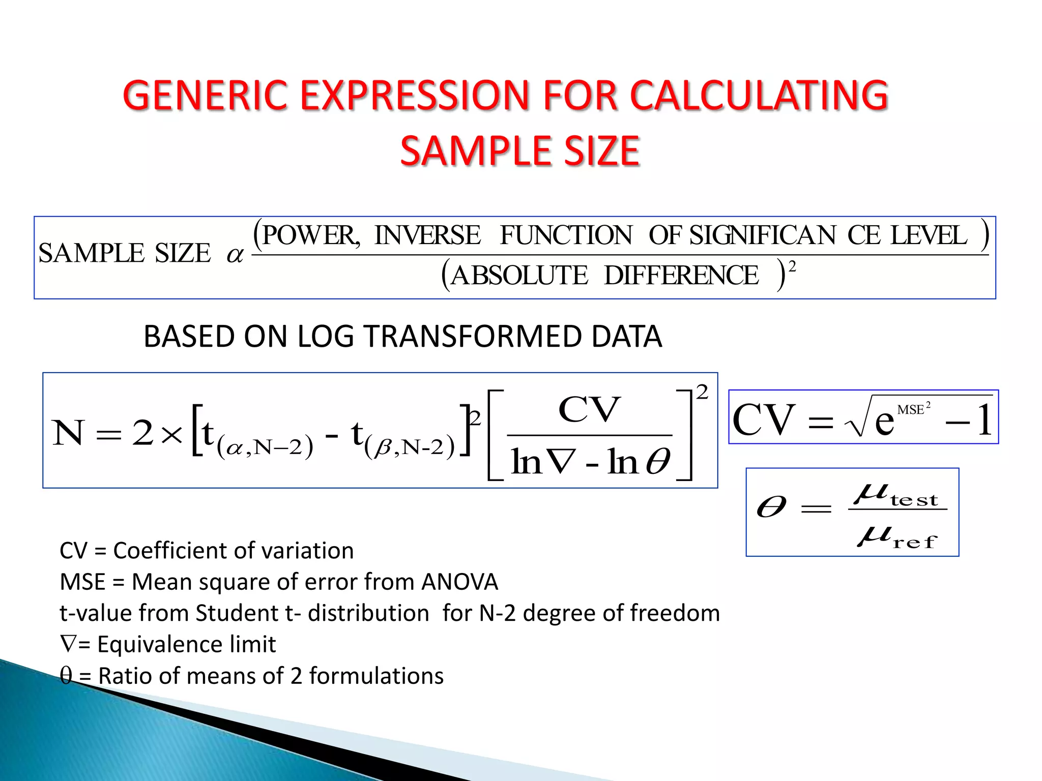 GENERIC EXPRESSION FOR CALCULATING
SAMPLE SIZE
 
 2
DIFFERENCEABSOLUTE
LEVELCESIGNIFICANOFFUNCTIONINVERSEPOWER,
SIZESAMPLE 
BASED ON LOG TRANSFORMED DATA
    
2
2
2-N,2N,
ln-ln
CV
t-t2N 




 
q
CV = Coefficient of variation
MSE = Mean square of error from ANOVA
t-value from Student t- distribution for N-2 degree of freedom
= Equivalence limit
q = Ratio of means of 2 formulations
1eCV
2
MSE

ref
test


q 
 