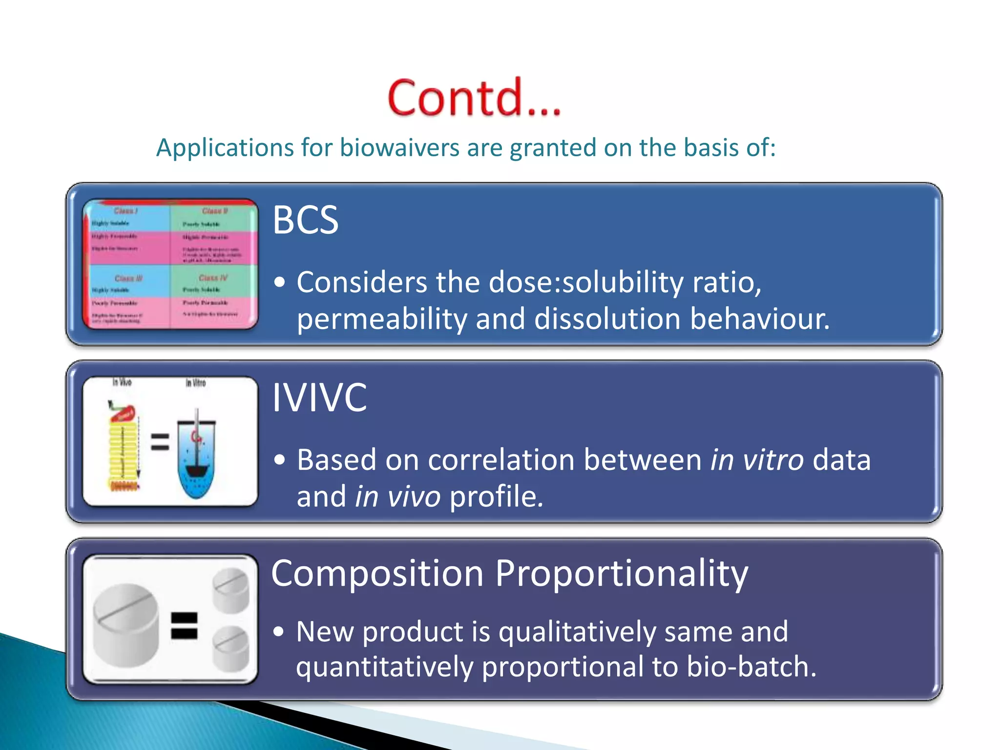 BCS
• Considers the dose:solubility ratio,
permeability and dissolution behaviour.
IVIVC
• Based on correlation between in vitro data
and in vivo profile.
Composition Proportionality
• New product is qualitatively same and
quantitatively proportional to bio-batch.
Applications for biowaivers are granted on the basis of:
 