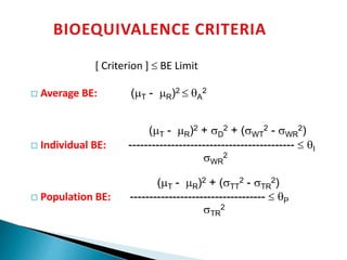 [ Criterion ]  BE Limit
 Average BE: (T - R)2  qA
2
(T - R)2 + D
2 + (WT
2 - WR
2)
 Individual BE: -------------------------------------------  qI
WR
2
(T - R)2 + (TT
2 - TR
2)
 Population BE: -----------------------------------  qP
TR
2
 