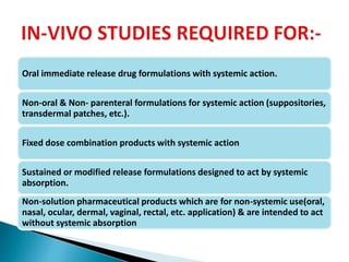Oral immediate release drug formulations with systemic action.
Non-oral & Non- parenteral formulations for systemic action (suppositories,
transdermal patches, etc.).
Fixed dose combination products with systemic action
Sustained or modified release formulations designed to act by systemic
absorption.
Non-solution pharmaceutical products which are for non-systemic use(oral,
nasal, ocular, dermal, vaginal, rectal, etc. application) & are intended to act
without systemic absorption
 