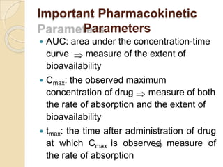 Important Pharmacokinetic
Parameters
 AUC: area under the concentration-time
curve measure of the extent of
bioavailability
 Cmax: the observed maximum
concentration of drug measure of both
the rate of absorption and the extent of
bioavailability
 tmax: the time after administration of drug
at which Cmax is observed measure of
the rate of absorption
 