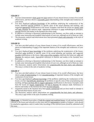 BA&BEd Year 2 Programme, Faculty of Education, The University of Hong Kong




GRADE C
     You have demonstrated a fairly good and clear analysis of your chosen lesson in terms of its overall
      effectiveness, and have shown a reasonably good understanding of the strengths and weaknesses of
      your lesson.
     You have displayed sufficient knowledge of the problems underlying the weakness(es) of the
      lesson, identified relevant problems in specific areas of the actual planning and teaching, and
      suggested appropriate modifications to the lesson. Examples cited from the lesson are mostly valid
      and aptly illustrate the analyses made. Appropriate references to some methodological principles,
      relevant theories and studies in the literature have been made.
     In addition to referring to theoretical underpinnings in the literature, you have made an attempt to
      include some interesting and insightful observations of your own, although not all of them are valid.
     The discussion, analysis and observations have been presented clearly and coherently in the style of
      academic writing.

GRADE D
     You have provided analysis of your chosen lesson in terms of its overall effectiveness, and have
      shown an understanding of some of the important features of the strengths and weaknesses of your
      lesson.
     You have displayed basic knowledge of the problems underlying the weakness(es) of the lesson,
      identified some problems in specific areas of the actual planning and teaching, and suggested
      possible modifications to the lesson. Only some of the examples cited from the lesson are valid and
      illustrate the analyses made. Appropriate references to theories and studies in the literature have
      been made.
     In addition to referring to theoretical underpinnings in the literature, you have made an attempt to
      include some interesting and insightful observations of your own, although not all of them are valid.
     The discussion, analysis and/or observations are comprehensible but lack clarity and coherence.
      The essay is written in the style of academic writing.

GRADE F
     You have provided analysis of your chosen lesson in terms of its overall effectiveness, but have
      shown a lack of understanding or even misunderstanding of important features of the strengths and
      weaknesses of your lesson.
     You have not displayed sufficient knowledge of the problems underlying the weakness(es) of the
      lesson; you have had difficulty identifying the problems in specific areas of the actual planning and
      teaching, and have not been able to suggest appropriate modifications to the lesson. Examples cited
      from the lesson are largely inappropriate and fail to illustrate the analyses made. References to
      theories and studies in the literature have been far from adequate.
     Arguments raised in the literature have been poorly summarised and you have made no attempt to
      put forward observations of your own.
     The discussion, analysis and/or observations are comprehensible but lack clarity and coherence.
      The essay is not written in the style of academic writing.


Please note: (i) Detailed lesson plans of both the original and modified lesson, (ii) all teaching materials
relevant to the lesson and referred to in the essay and (iii) representative samples of students’ work should
be attached as appendices, and (iv) audio/video recordings of the selected lesson should be submitted with
the essay.




    Prepared by Nicole J. Tavares, January 2012                                            Page 10 of 12
 