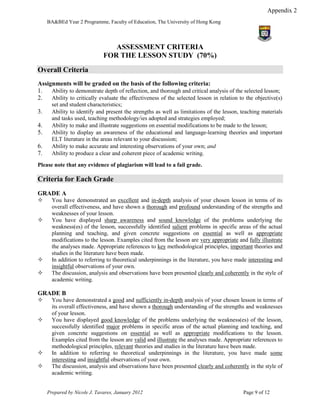 Appendix 2
     BA&BEd Year 2 Programme, Faculty of Education, The University of Hong Kong



                                 ASSESSMENT CRITERIA
                              FOR THE LESSON STUDY (70%)
Overall Criteria
Assignments will be graded on the basis of the following criteria:
1.   Ability to demonstrate depth of reflection, and thorough and critical analysis of the selected lesson;
2.   Ability to critically evaluate the effectiveness of the selected lesson in relation to the objective(s)
       set and student characteristics;
3.     Ability to identify and present the strengths as well as limitations of the lesson, teaching materials
       and tasks used, teaching methodology/ies adopted and strategies employed;
4.     Ability to make and illustrate suggestions on essential modifications to be made to the lesson;
5.     Ability to display an awareness of the educational and language-learning theories and important
       ELT literature in the areas relevant to your discussion;
6.     Ability to make accurate and interesting observations of your own; and
7.     Ability to produce a clear and coherent piece of academic writing.

Please note that any evidence of plagiarism will lead to a fail grade.

Criteria for Each Grade
GRADE A
      You have demonstrated an excellent and in-depth analysis of your chosen lesson in terms of its
       overall effectiveness, and have shown a thorough and profound understanding of the strengths and
       weaknesses of your lesson.
      You have displayed sharp awareness and sound knowledge of the problems underlying the
       weakness(es) of the lesson, successfully identified salient problems in specific areas of the actual
       planning and teaching, and given concrete suggestions on essential as well as appropriate
       modifications to the lesson. Examples cited from the lesson are very appropriate and fully illustrate
       the analyses made. Appropriate references to key methodological principles, important theories and
       studies in the literature have been made.
      In addition to referring to theoretical underpinnings in the literature, you have made interesting and
       insightful observations of your own.
      The discussion, analysis and observations have been presented clearly and coherently in the style of
       academic writing.

GRADE B
      You have demonstrated a good and sufficiently in-depth analysis of your chosen lesson in terms of
       its overall effectiveness, and have shown a thorough understanding of the strengths and weaknesses
       of your lesson.
      You have displayed good knowledge of the problems underlying the weakness(es) of the lesson,
       successfully identified major problems in specific areas of the actual planning and teaching, and
       given concrete suggestions on essential as well as appropriate modifications to the lesson.
       Examples cited from the lesson are valid and illustrate the analyses made. Appropriate references to
       methodological principles, relevant theories and studies in the literature have been made.
      In addition to referring to theoretical underpinnings in the literature, you have made some
       interesting and insightful observations of your own.
      The discussion, analysis and observations have been presented clearly and coherently in the style of
       academic writing.


     Prepared by Nicole J. Tavares, January 2012                                           Page 9 of 12
 