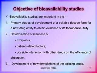  Bioavailability studies are important in the –
1. Primary stages of development of a suitable dosage form for
a new drug entity to obtain evidence of its therapeutic utility.
2. Determination of influence of
- excipients,
- patient related factors,
- possible interaction with other drugs on the efficiency of
absorption.
3. Development of new formulations of the existing drugs.
11BINDIYA R. PATEL
 