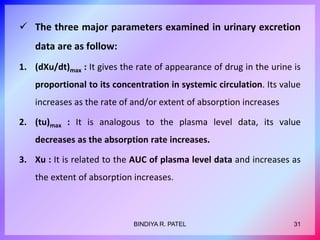  The three major parameters examined in urinary excretion
data are as follow:
1. (dXu/dt)max : It gives the rate of appearance of drug in the urine is
proportional to its concentration in systemic circulation. Its value
increases as the rate of and/or extent of absorption increases
2. (tu)max : It is analogous to the plasma level data, its value
decreases as the absorption rate increases.
3. Xu : It is related to the AUC of plasma level data and increases as
the extent of absorption increases.
31BINDIYA R. PATEL
 