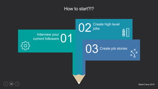 Babel Camp 201626
How to start?!?
Create high level
jobs
02
01
03Create job stories
Interview your
current followers
 