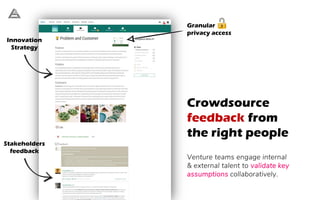 Innovation
Strategy
Stakeholders
feedback
Granular
privacy access
Crowdsource
feedback from
the right people
Venture teams engage internal
& external talent to validate key
assumptions collaboratively.
 