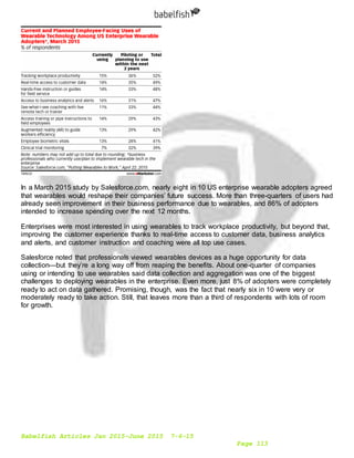 Babelfish Articles Jan 2015-June 2015 7-6-15
Page 113
In a March 2015 study by Salesforce.com, nearly eight in 10 US enterprise wearable adopters agreed
that wearables would reshape their companies’ future success. More than three-quarters of users had
already seen improvement in their business performance due to wearables, and 86% of adopters
intended to increase spending over the next 12 months.
Enterprises were most interested in using wearables to track workplace productivity, but beyond that,
improving the customer experience thanks to real-time access to customer data, business analytics
and alerts, and customer instruction and coaching were all top use cases.
Salesforce noted that professionals viewed wearables devices as a huge opportunity for data
collection—but they’re a long way off from reaping the benefits. About one-quarter of companies
using or intending to use wearables said data collection and aggregation was one of the biggest
challenges to deploying wearables in the enterprise. Even more, just 8% of adopters were completely
ready to act on data gathered. Promising, though, was the fact that nearly six in 10 were very or
moderately ready to take action. Still, that leaves more than a third of respondents with lots of room
for growth.
 