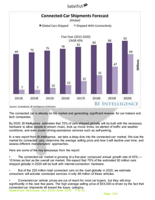 Babelfish Articles Jan 2015-June 2015 7-6-15
Page 116
The connected car is already on the market and generating significant revenue for car makers and
tech companies.
By 2020, BI Intelligence estimates that 75% of cars shipped globally will be built with the necessary
hardware to allow people to stream music, look up movie times, be alerted of traffic and weather
conditions, and even power driving-assistance services such as self-parking.
In a new report from BI Intelligence, we take a deep dive into the connected-car market. We size the
market for connected cars, determine the average selling price and how it will decline over time, and
assess different manufacturers' approaches.
Here are some of the key takeaways from the report:
• The connected-car market is growing at a five-year compound annual growth rate of 45% —
10 times as fast as the overall car market. We expect that 75% of the estimated 92 million cars
shipped globally in 2020 will be built with internet-connection hardware.
• But of the 220 million total connected cars on the road globally in 2020, we estimate
consumers will activate connected services in only 88 million of these vehicles.
• Connected-car vehicle prices are out of reach for most car buyers, but they will drop
significantly in the next few years. The high average selling price of $55,000 is driven by the fact that
connected-car shipments tilt toward the luxury category.
 